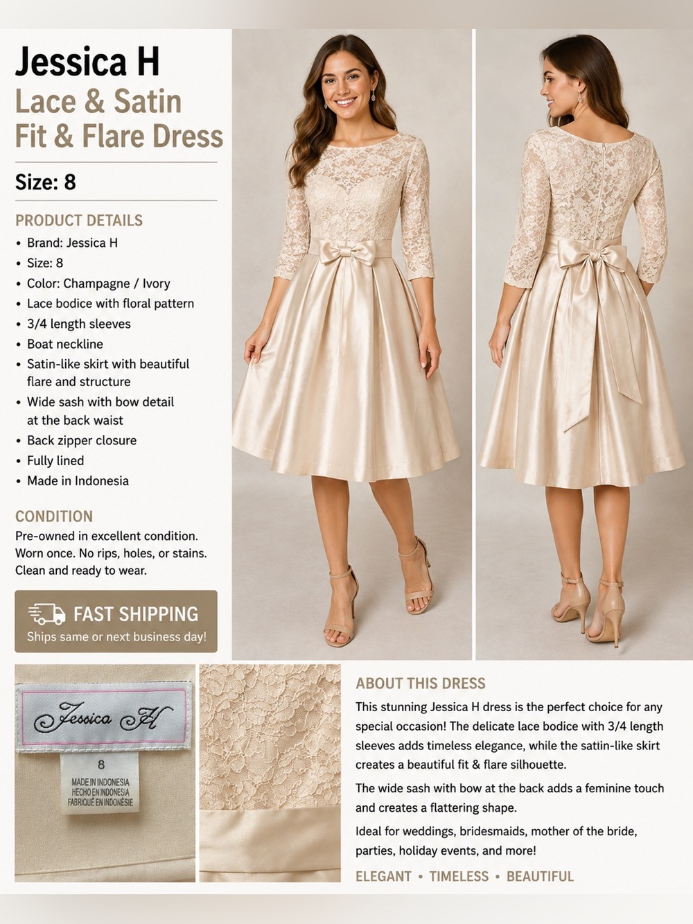 Jessica Champagne Lace & Satin Fit-and-Flare Midi Dress